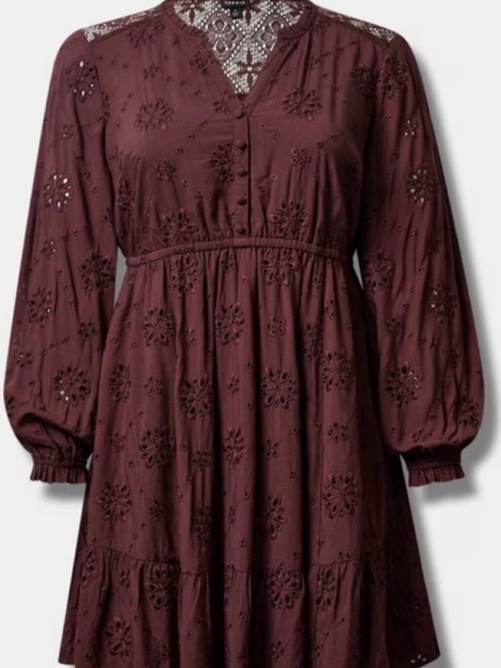 torrid Burgundy Eyelet Embroidered Long-Sleeve Tiered Dress